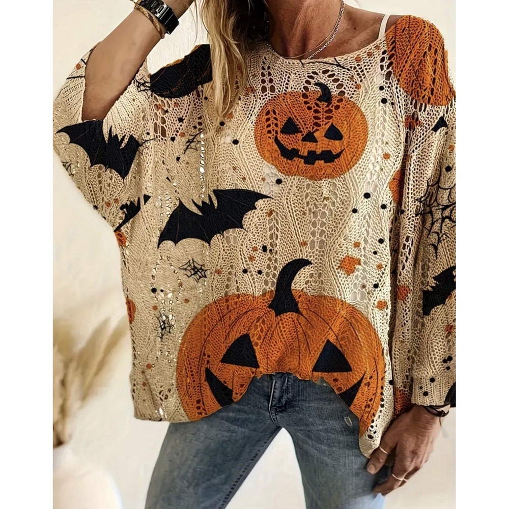 Halloween Pumpkin Bat Hollowed-Out Sweater, Loose Batwing Lazy Style Top New - Picture 5 of 9